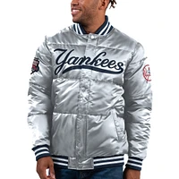 Blouson aviateur universitaire à bouton-pression en satin pour hommes Starter Silver New York Yankees Bronx