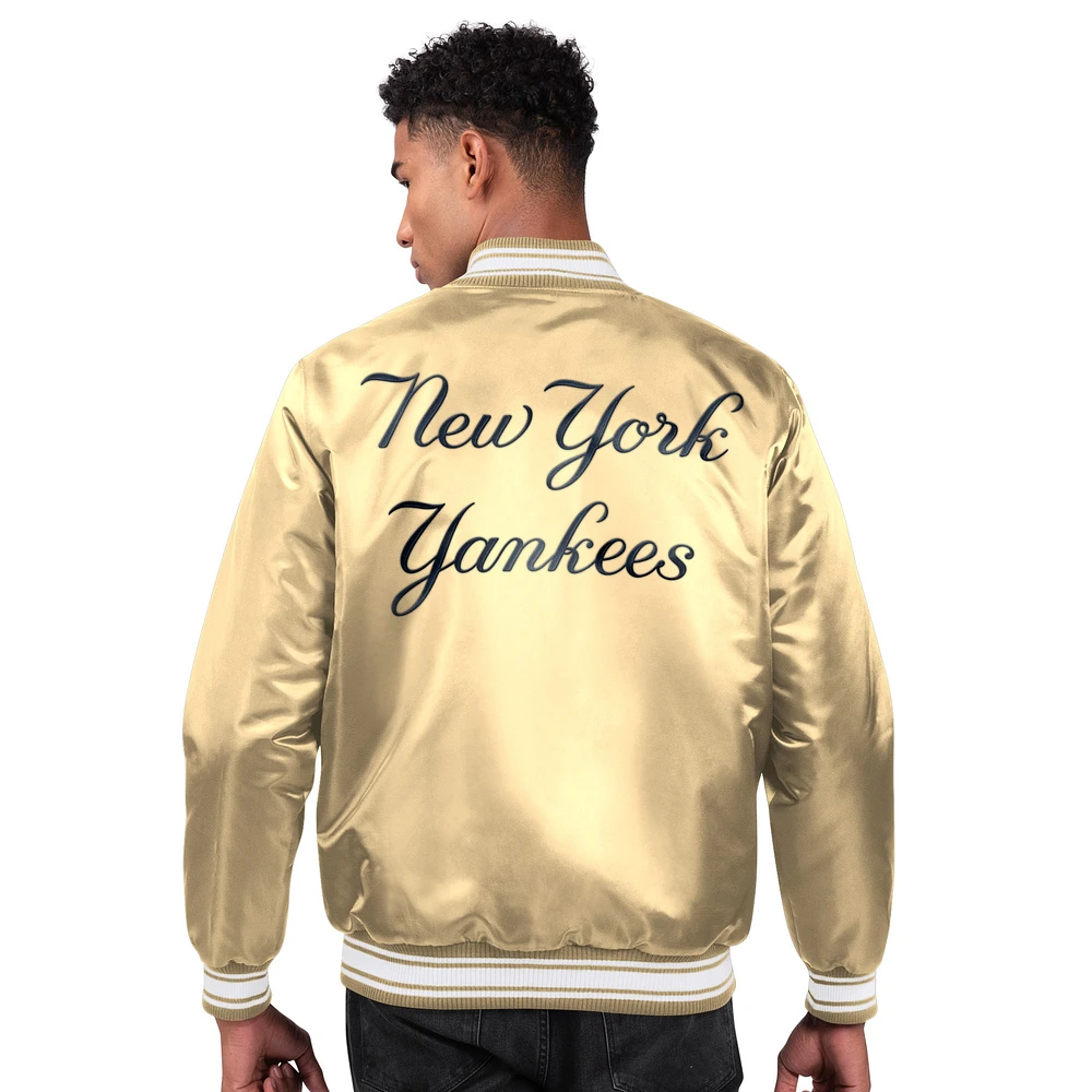 Men's Starter Tan New York Yankees Locker Room Satin Full-Snap Varsity Jacket