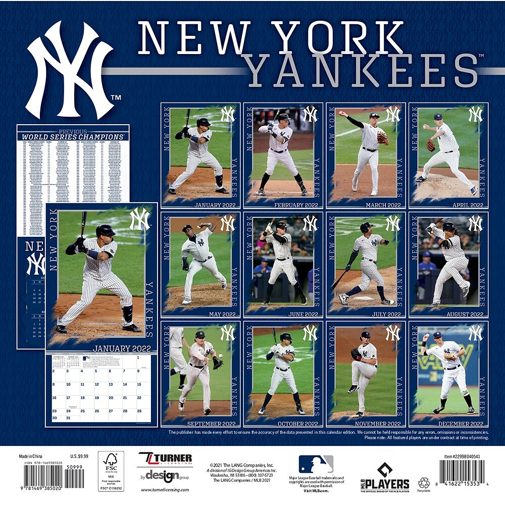 Mini calendrier mural des Yankees de New York 2022