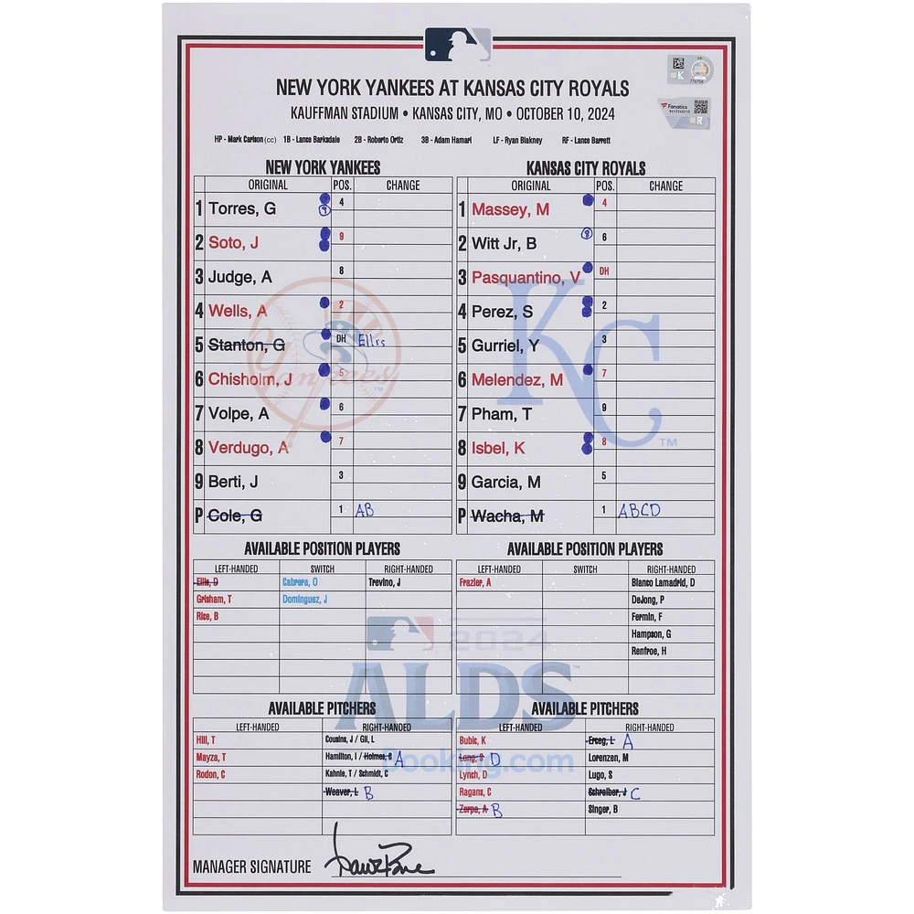 New York Yankees Game-Used ALDS Lineup Card vs. Kansas City Royals on October 10, 2024
