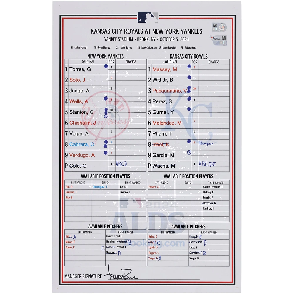New York Yankees Game-Used ALDS Lineup Card vs. Kansas City Royals on October 5, 2024