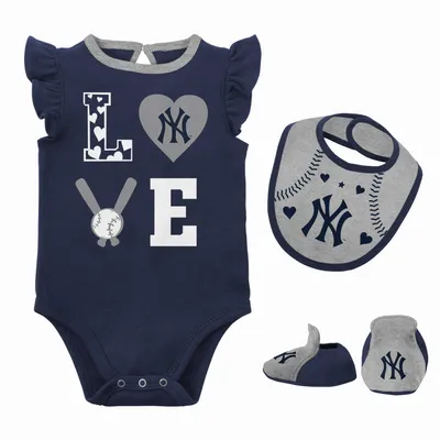 New York Yankees Newborn & Infant Three-Piece Love of Baseball Bib, Bodysuit Booties Set - Navy/Heather Gray