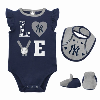 Ensemble trois pièces pour nouveau-né et bébé bleu marine/gris chiné New York Yankees Love of Baseball Bib Body & Booties