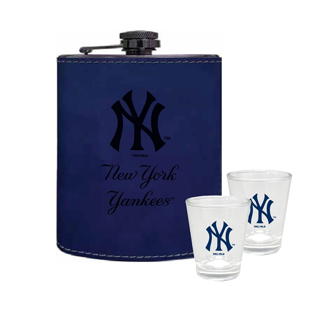 The Memory Company New York Yankees Three-Pack 8oz. Leather Flask & 2oz. Shot Glass Set