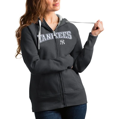 Women's Antigua Charcoal New York Yankees Team Logo Victory Full-Zip Hoodie