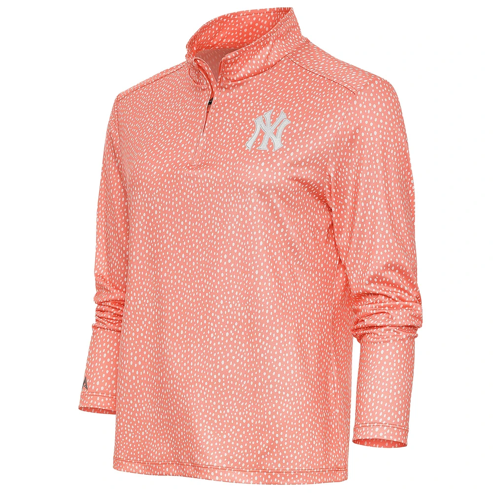 Women's Antigua  Coral New York Yankees Tonal Wiki Quarter-Zip Pullover Top