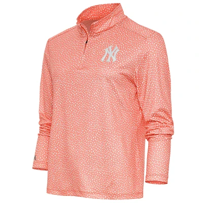 Women's Antigua  Coral New York Yankees Tonal Wiki Quarter-Zip Pullover Top