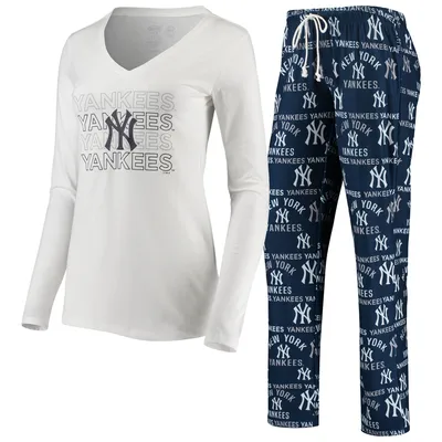 New York Yankees Concepts Sport Women's Flagship Long Sleeve V-Neck T-Shirt & Pants Sleep Set - White/Navy