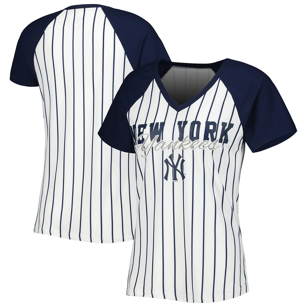 T-shirt raglan à col en V et fines rayures Concepts Sport New York Yankees pour femmes, blanc/bleu marine