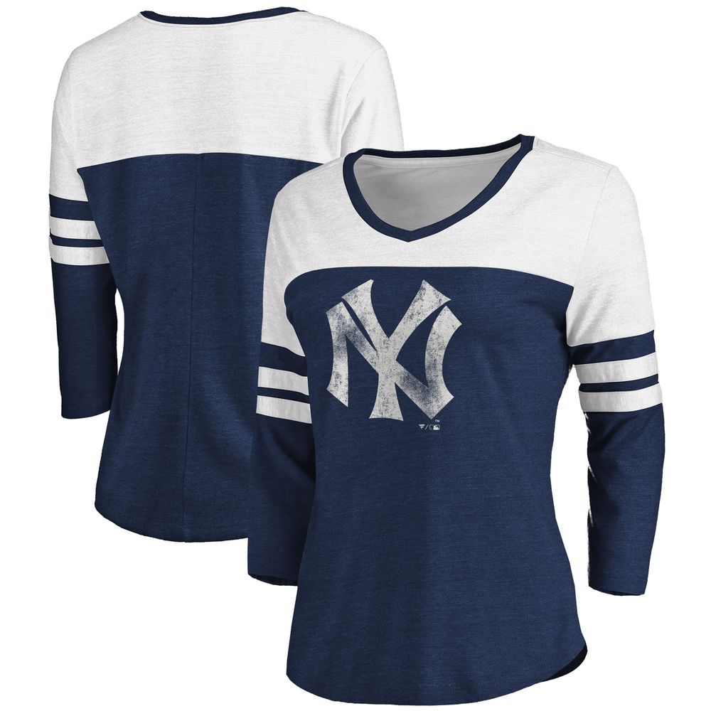 Fanatics Branded Women's Fanatics Branded Heathered Navy/White New York  Yankees Two-Toned Distressed Cooperstown Collection Tri-Blend 3/4-Sleeve  V-Neck T-Shirt