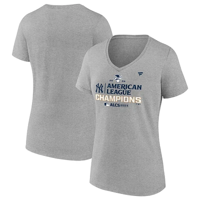 T-shirt col V fanatiques pour femmes Heather Gray New York Yankees Champions de la Ligue américaine 2024 Vestiaire