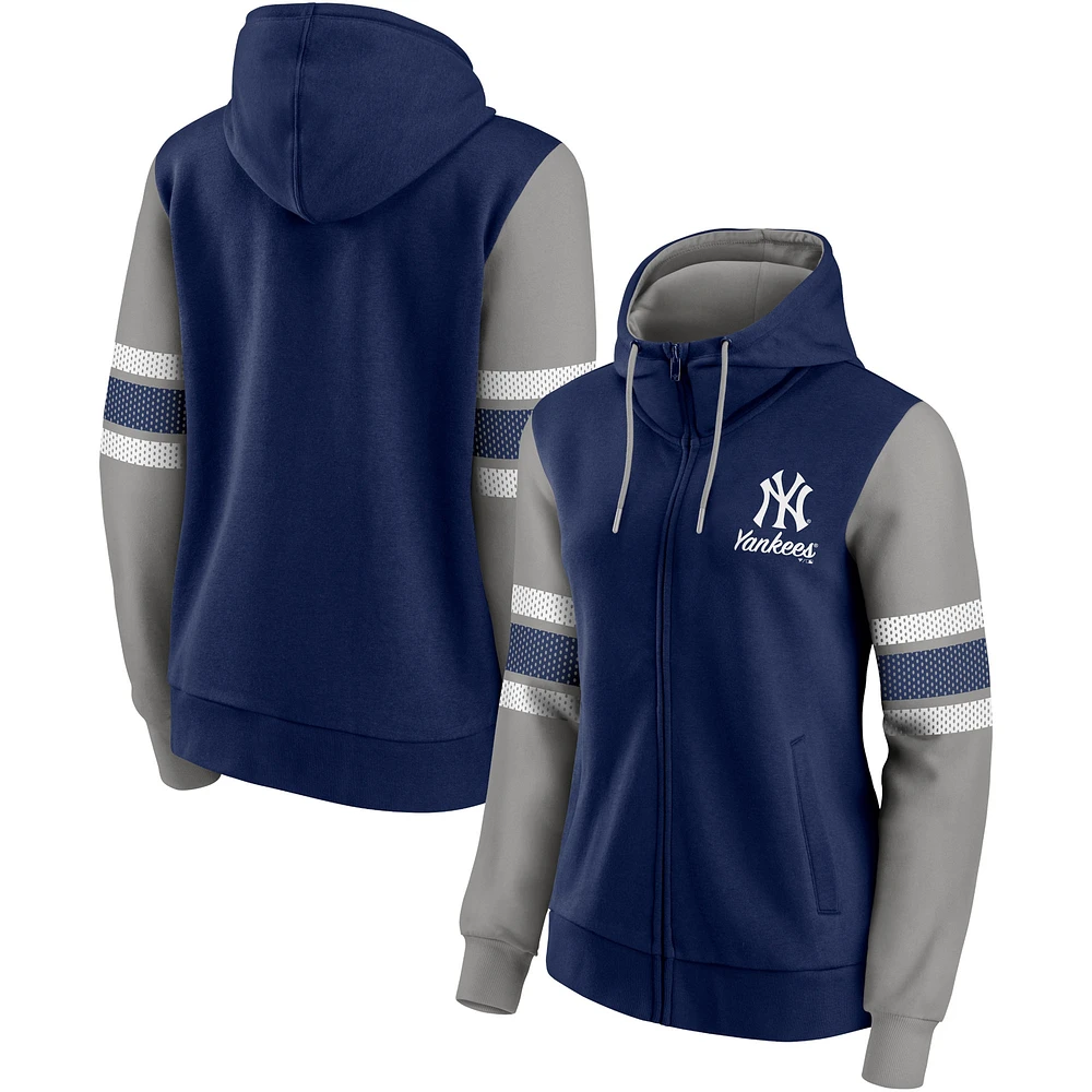 Fanatics pour femmes bleu marine/gris New York Yankees Primary Script Full-Zip - Sweat à capuche