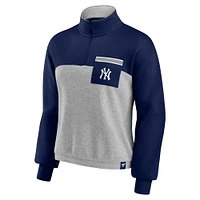 Women's Fanatics Navy/Heather Gray New York Yankees Iconic Cinch Waist Quarter-Zip Top