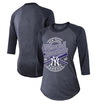 Women's Fanatics Navy New York Yankees 2024 World Series Tri-Blend 3/4-Sleeve T-Shirt