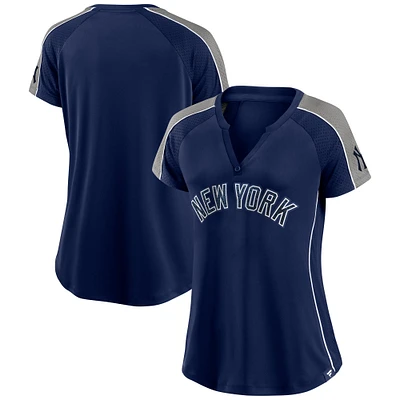 T-shirt à col cranté raglan Fanatics pour femmes, bleu marine, New York Yankees Lineup League Diva