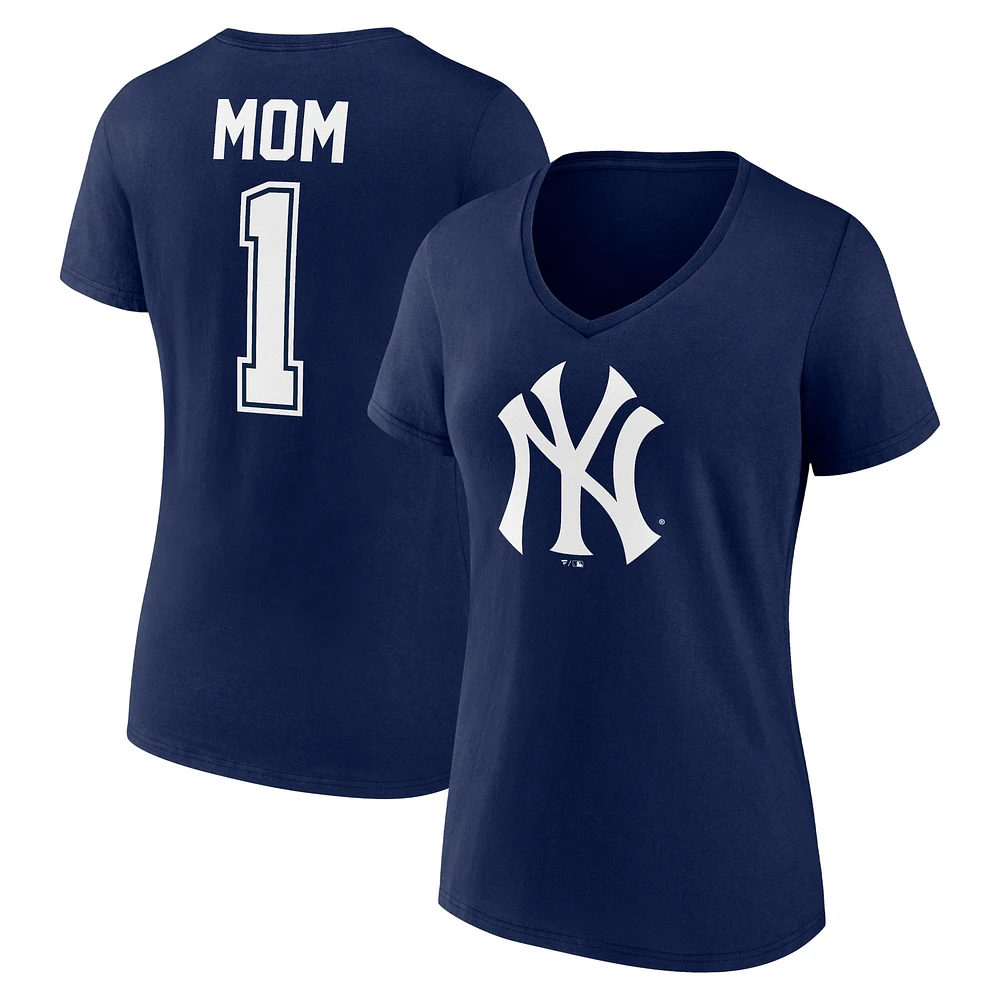 T-shirt à col en V Fanatics Navy New York Yankees pour femmes, grande taille, fête des mères #1 Mom