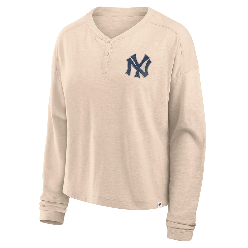 Women's Fanatics Tan New York Yankees Oversized Stadium Slub Long Sleeve Henley T-Shirt