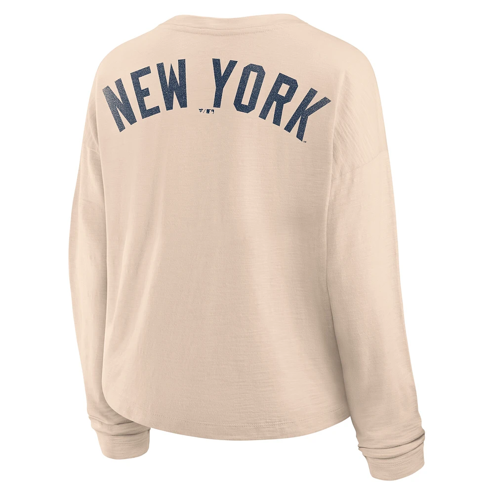Women's Fanatics Tan New York Yankees Oversized Stadium Slub Long Sleeve Henley T-Shirt