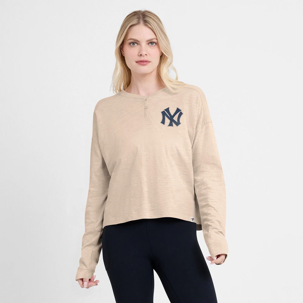 Women's Fanatics Tan New York Yankees Oversized Stadium Slub Long Sleeve Henley T-Shirt
