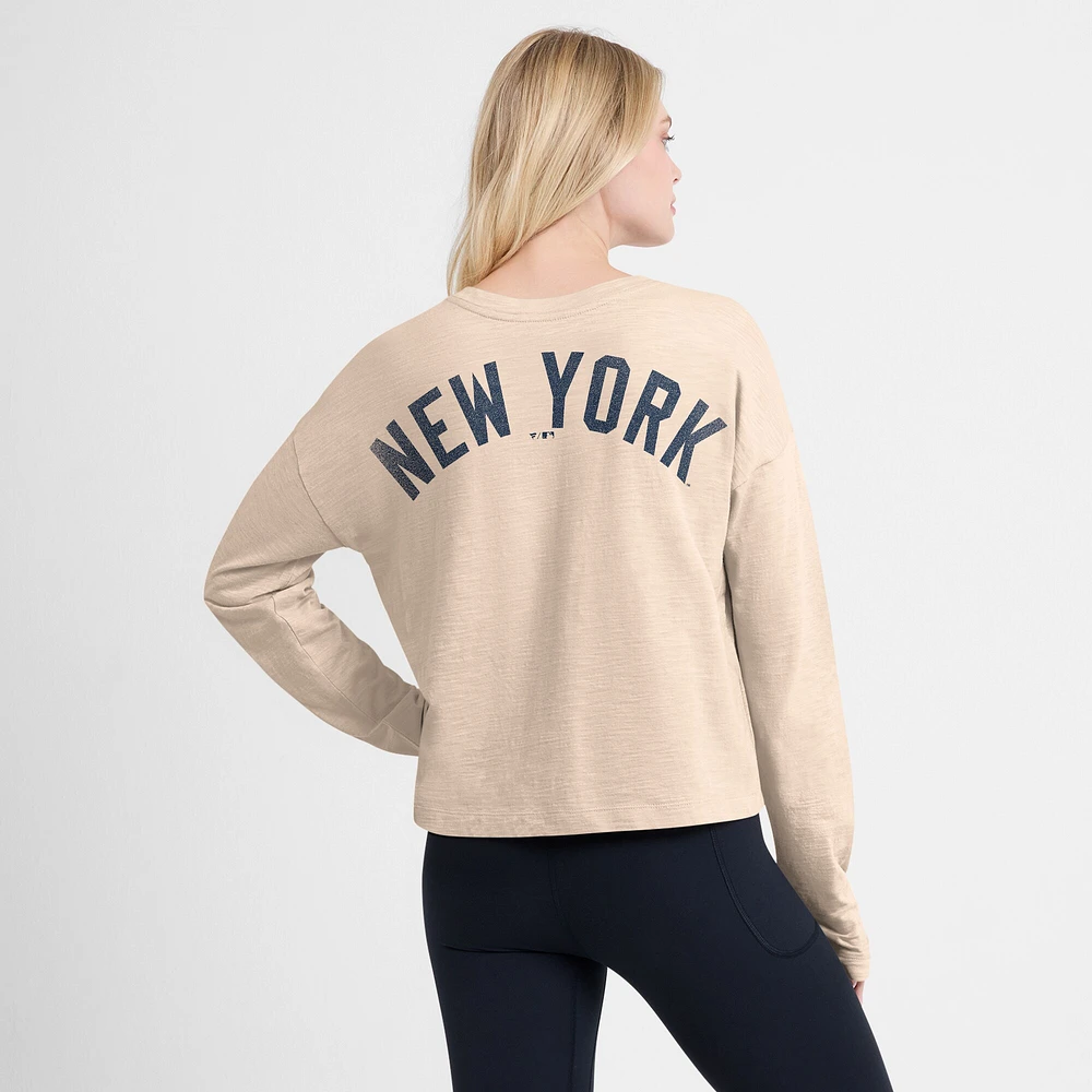 Women's Fanatics Tan New York Yankees Oversized Stadium Slub Long Sleeve Henley T-Shirt