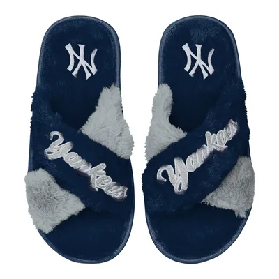 New York Yankees FOCO Women's Two-Tone Crossover Faux Fur Slide Slippers - Navy