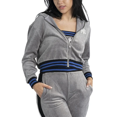 Women's Lusso  Gray New York Yankees Niko-Neve-Nic Sweatpants, Cropped Full-Zip Hoodie & Bra Set