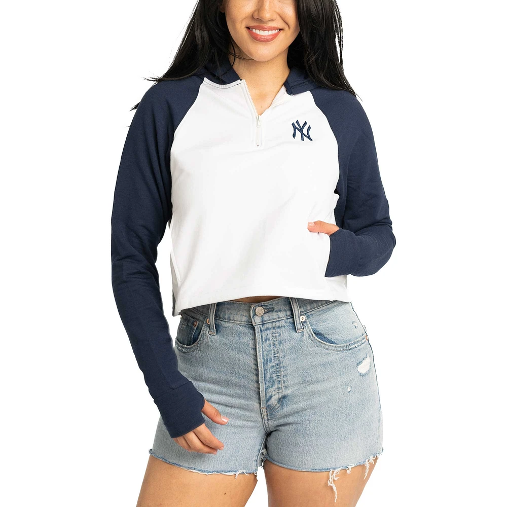 Women's Lusso White New York Yankees Jane Raglan Quarter-Zip Tri-Blend Cropped Pullover Hoodie