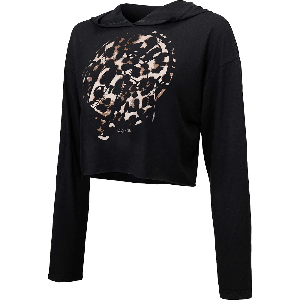 Women's Majestic Threads Black New York Yankees Leopard Cropped Hoodie
