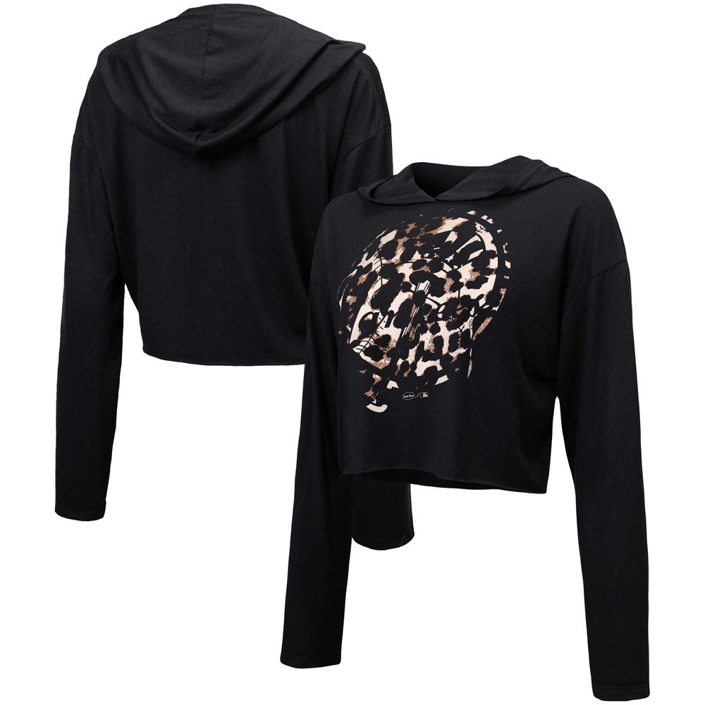 Women's Majestic Threads Black New York Yankees Leopard Cropped Hoodie