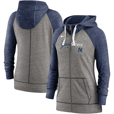 Sweat à capuche léger entièrement zippé Nike Heather Charcoal/Heather Navy pour femmes des New York Yankees Split Wordmark Gym Vintage Raglan