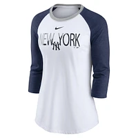 Women's Nike White/Heathered Navy New York Yankees Color Split Tri-Blend 3/4-Sleeve Raglan T-Shirt
