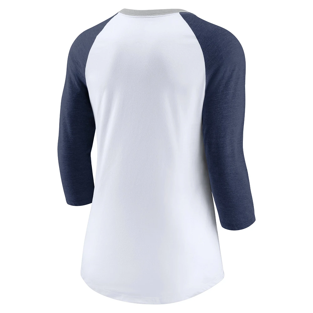 Women's Nike White/Heathered Navy New York Yankees Color Split Tri-Blend 3/4-Sleeve Raglan T-Shirt