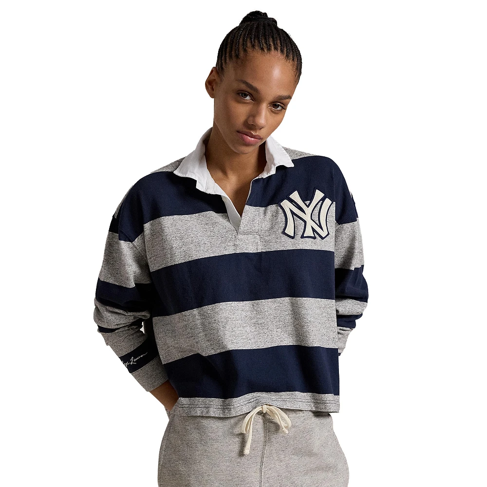 T-shirt de rugby à manches longues pour femme Polo Ralph Lauren bleu marine/gris chiné New York Yankees