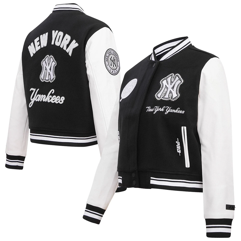 Women's Pro Standard Black New York Yankees Pearls Rib Wool Full-Zip Varsity Jacket