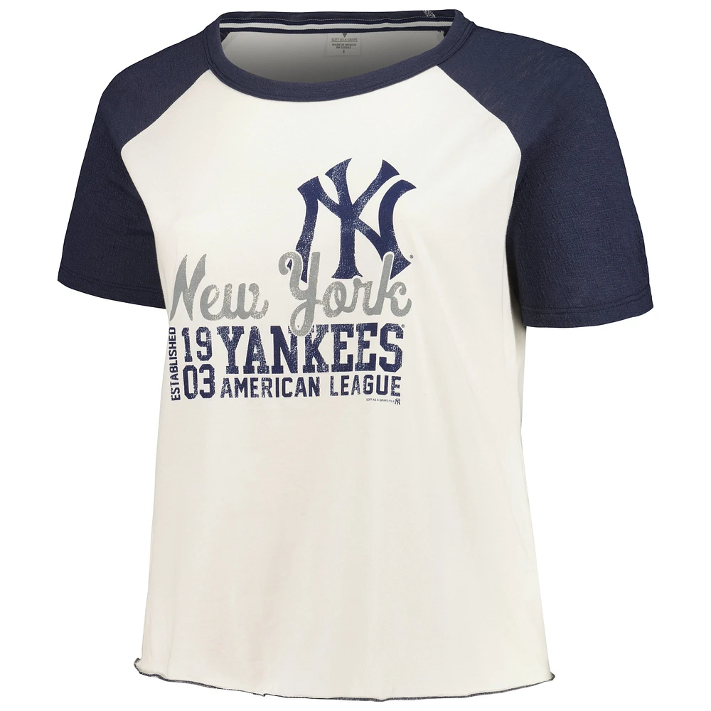 T-shirt de baseball raglan taille plus pour femmes, doux comme un raisin, New York Yankees, blanc