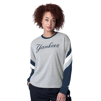 Women's Starter Heather Gray New York Yankees Triple A Fashion Color Block Long Sleeve Top