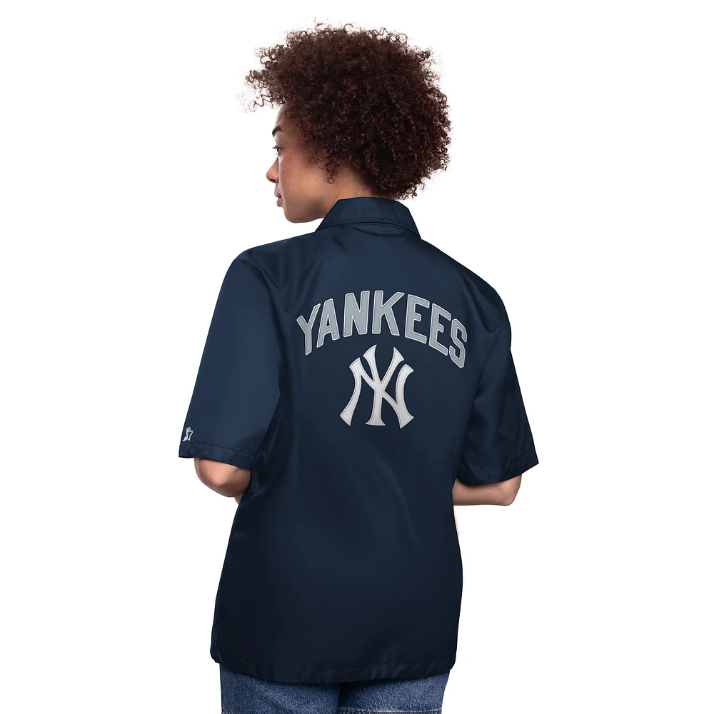 Women's Starter Navy New York Yankees High Post Short Sleeve Full-Snap Coaches Jacket