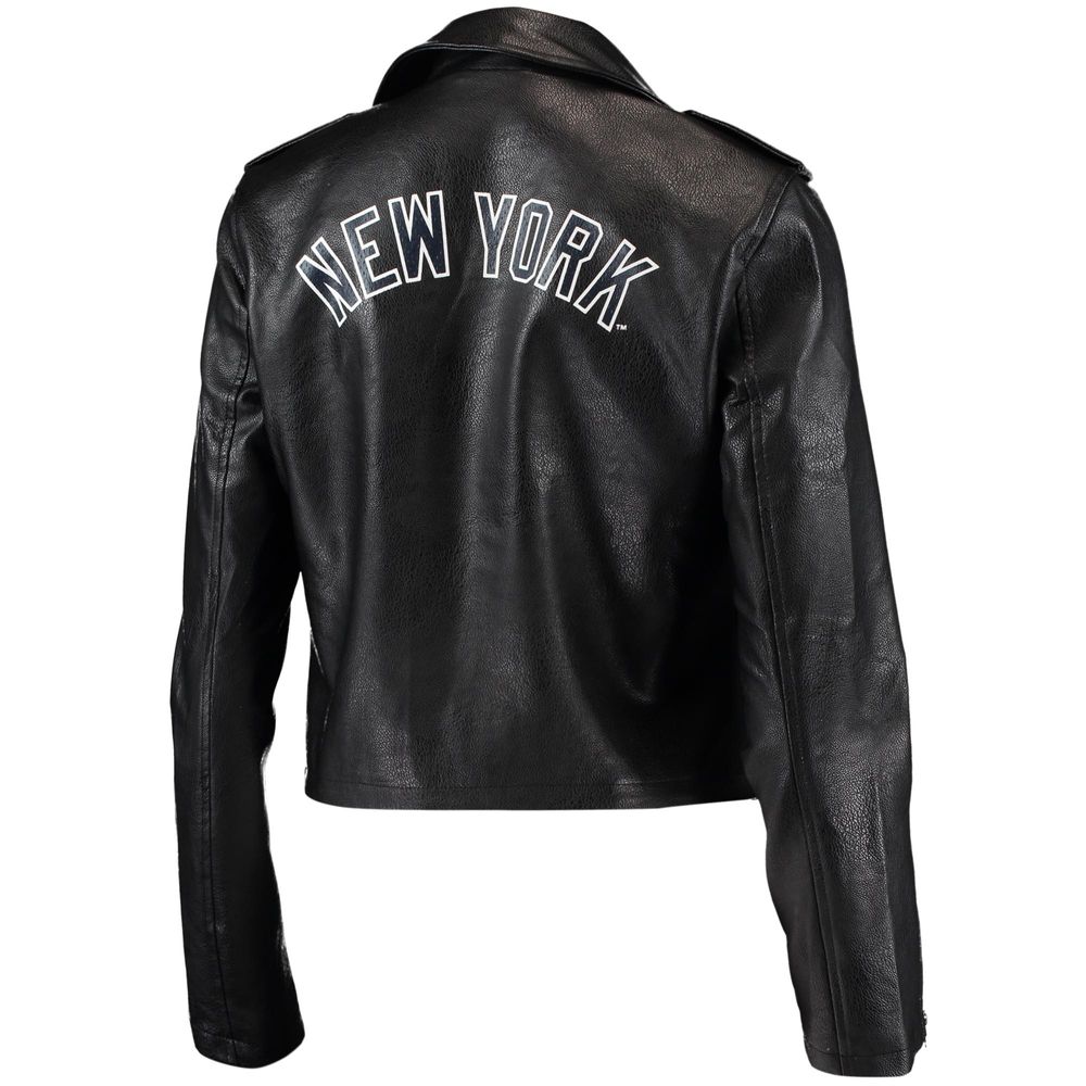 Women's The Wild Collective Black New York Yankees Faux Leather Moto Full-Zip Jacket