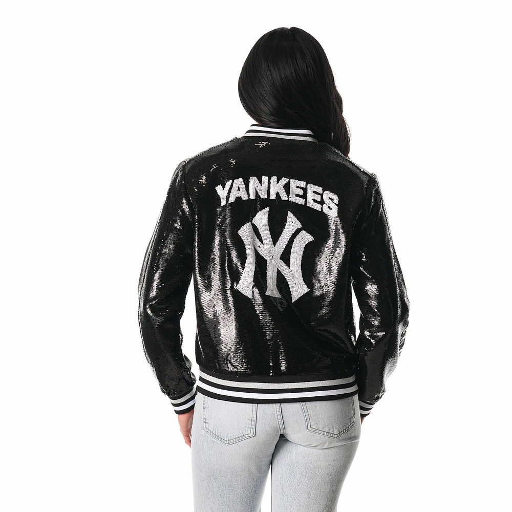 Blouson aviateur zippé à sequins noir New York Yankees The Wild Collective pour femme