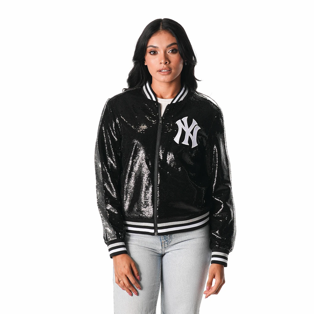 Blouson aviateur zippé à sequins noir New York Yankees The Wild Collective pour femme