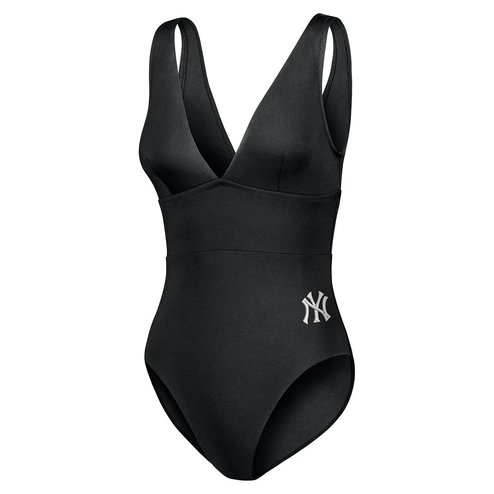 Women's Tommy Bahama Black New York Yankees Palm Modern V-Neck One-Piece Swimsuit