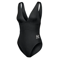 Women's Tommy Bahama Black New York Yankees Palm Modern V-Neck One-Piece Swimsuit