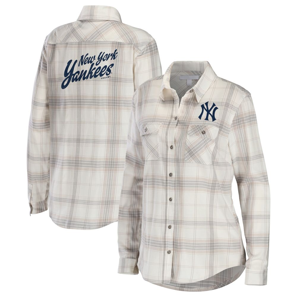 Women's WEAR by Erin Andrews Gray/Cream New York Yankees Flannel Button-Up Shirt