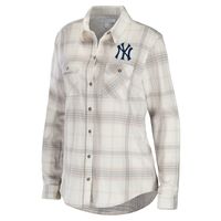 Women's WEAR by Erin Andrews Gray/Cream New York Yankees Flannel Button-Up Shirt