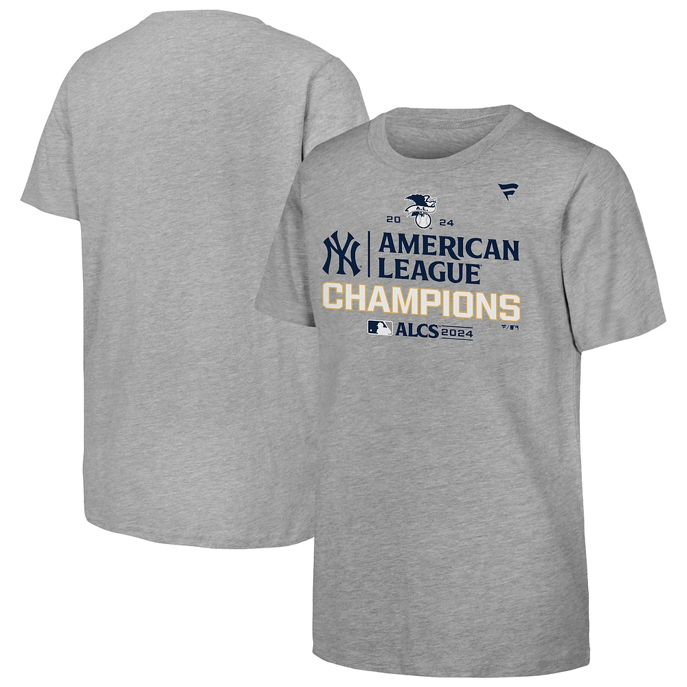 T-shirt de vestiaire des champions la Ligue américaine 2024 Yankees New York Heather Gray pour jeunes fanatiques