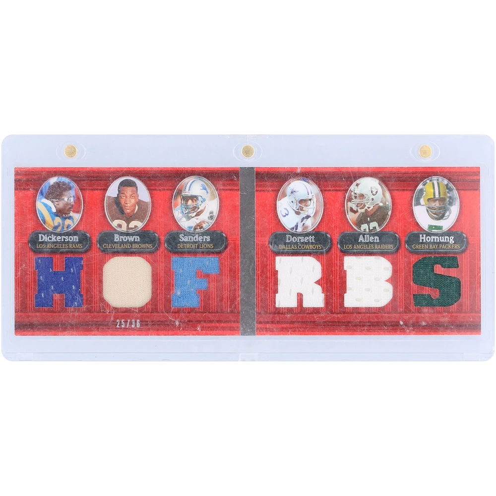 Eric Dickerson, Jim Brown, Barry Sanders, Tony Dorsett, Marcus Allen and Paul Hornung 2007 Topps Triple Threads 6 Game Used Relic Booklet #TTDCR-2 #25/36 Card
