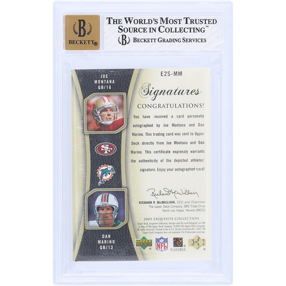 Joe Montana & Dan Marino Autographed 2005 Upper Deck Exquisite Collection Dual Auto #E2S-MM #9/25 BGS Authenticated 7.5/10 Card - 9.5,8.5,8,6.5 Subgrades