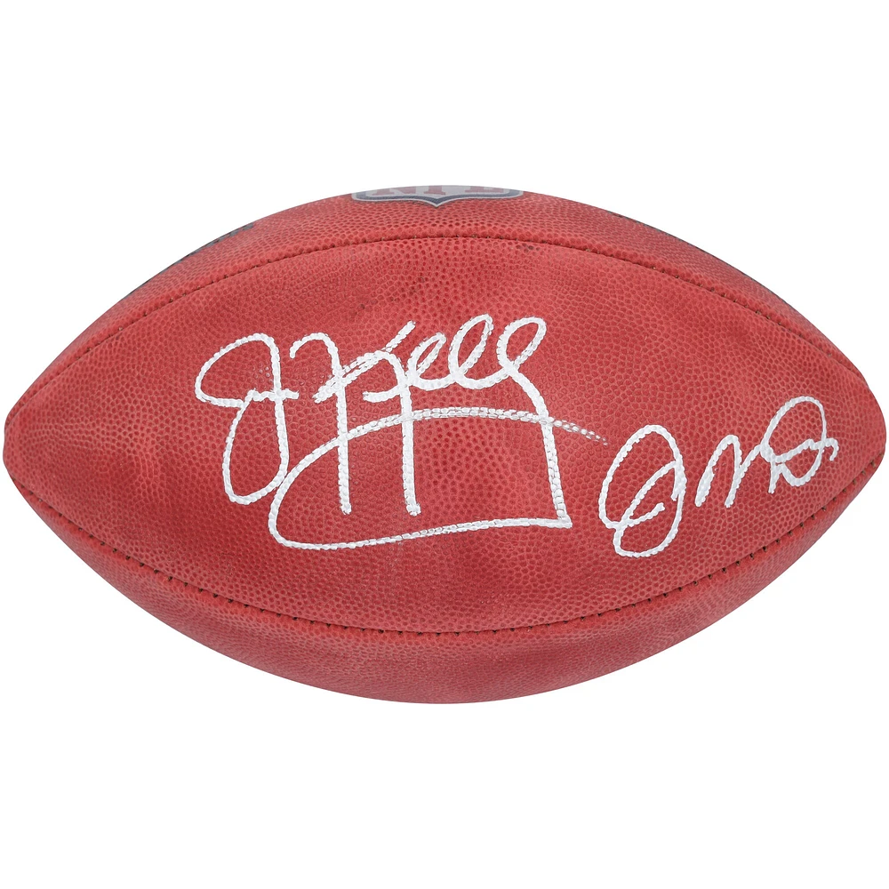 Ballon de football en couleur autographié par Joe Montana, San Francisco 49ers et Jim Kelly, Buffalo Bills