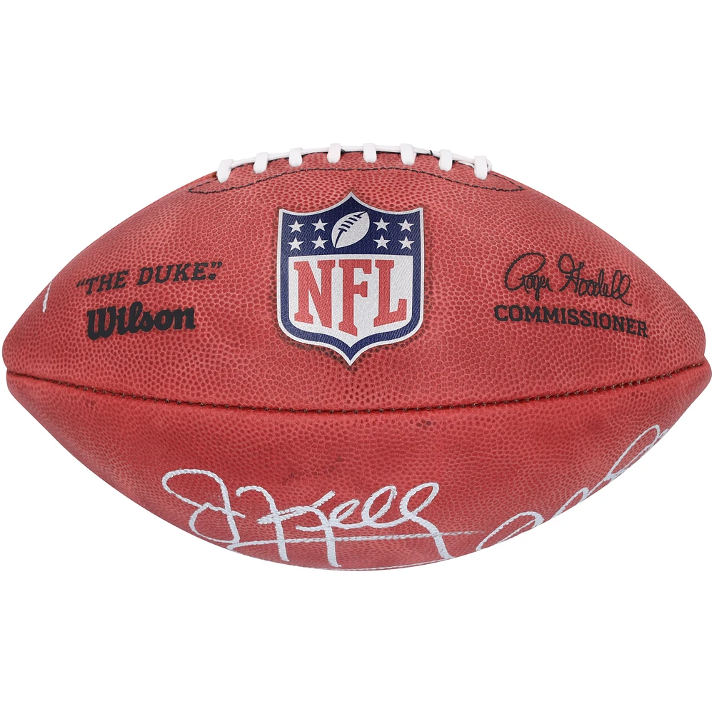 Ballon de football en couleur autographié par Joe Montana, San Francisco 49ers et Jim Kelly, Buffalo Bills