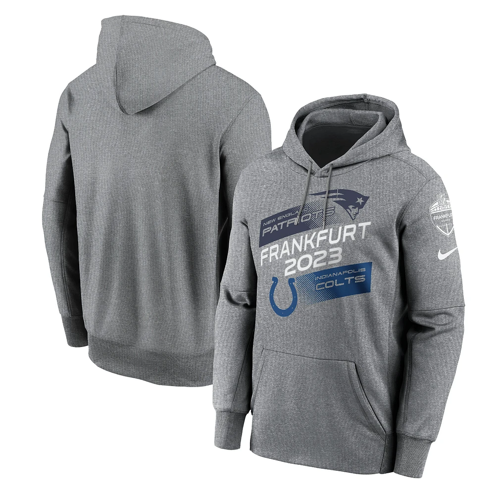 Men's Nike Heather Charcoal New England Patriots vs. Indianapolis Colts 2023 Frankfurt Game Pullover Hoodie